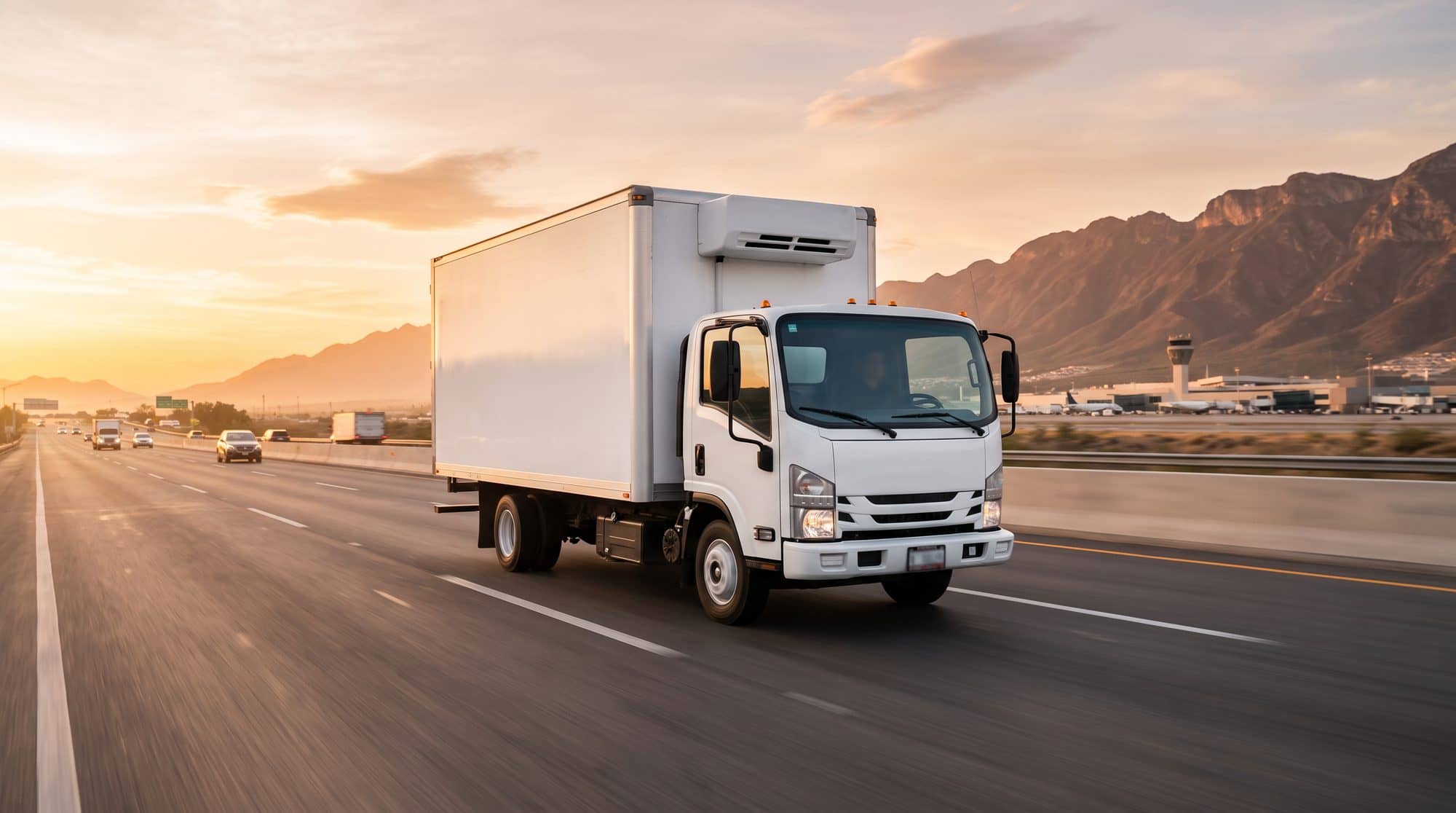 Camión refrigerado de GACS Logistics en carretera rumbo al aeropuerto