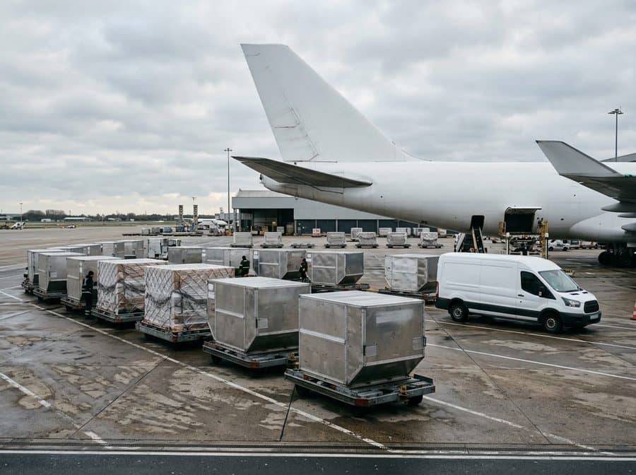 Contenedores aéreos y avión de carga en terminal del aeropuerto