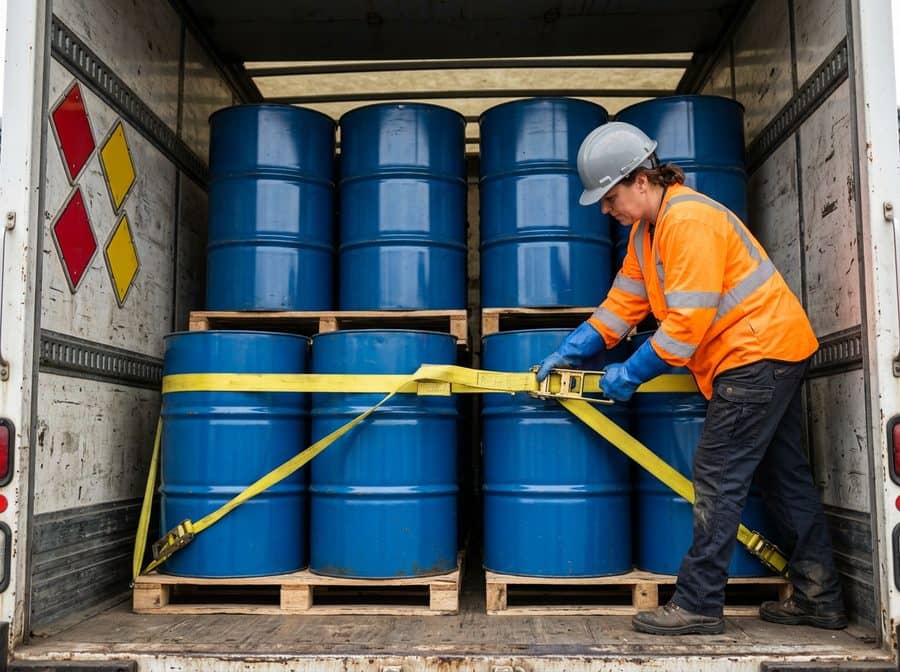 Operador asegurando tambores industriales dentro de un camión