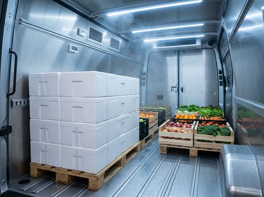 Interior de unidad refrigerada con cajas térmicas y perecederos