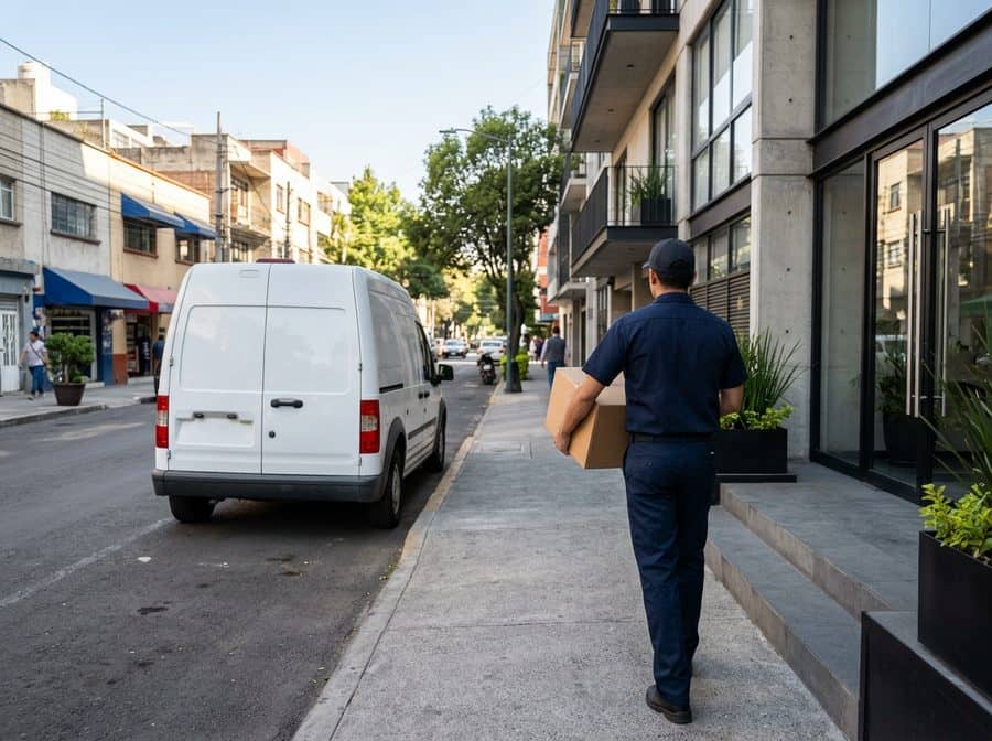 Repartidor entregando paquete en calle de la Ciudad de México